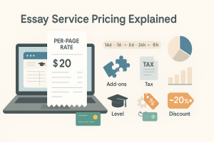 Flat illustration showing essay service pricing breakdown with laptop, receipt for per-page rate, clocks for deadlines, icons for add-ons, tax, level and discount charts